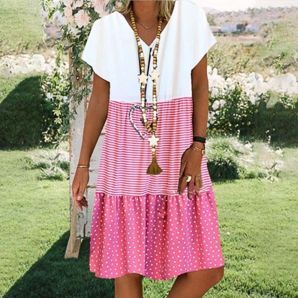 

ethnic clothing dot patchwork summer dress 2021 vintage women casual loose stripe v-neck dresses short sleeves robe femme, Red