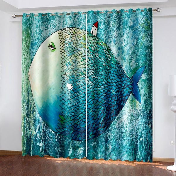 

custom children's room cute cartoon boy girl bedroom po draw fish curtains blue blackout curtain & drapes