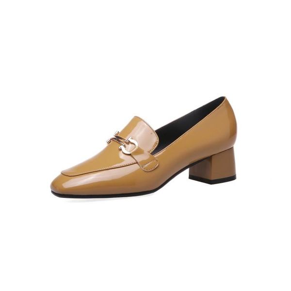 

dress shoes patent leather pumps yellow square toe footwear unusual high heels chunky female fashion metal decoration woman, Black