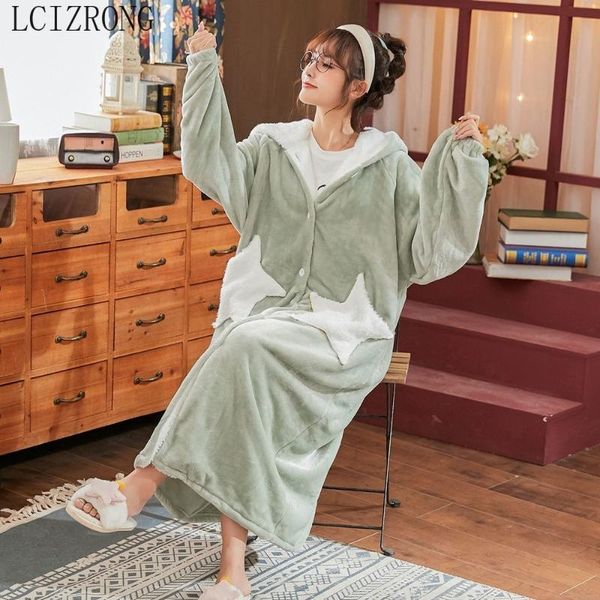 

star pattern loose bathrobe very thick winter sweet girl cute womenwarm comfortable midi robe long sleeve dressing gown female women's, Black;red