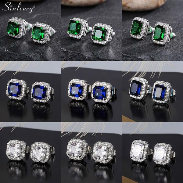 

stud sinleery vintage blue green white cubic zirconia earrings silver color square for women wedding jewelry es376 ssp, Golden;silver