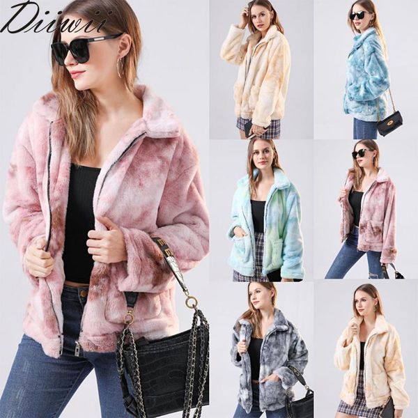 

women's jackets diiwii women winter warm jacket teddy plush coat long sleeve tie-dye pocket zipper lapel fleece outerwear female coats, Black;brown