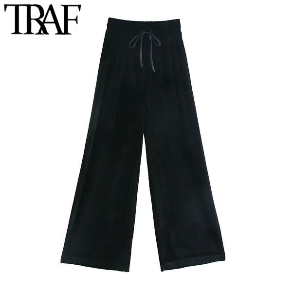 

traf women chic fashion side pockets velvet wide leg pants vintage high elastic waist drawstring female trousers mujer 210415, Black;white