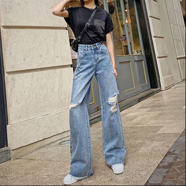 

womens jeans spring hole ripped for women high elastic light washed vintage straight wide leg trousers femme denim, Blue
