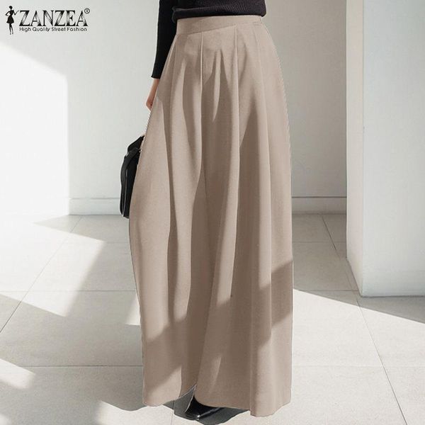 

women's pants & capris elegant pleated wide leg trousers zanzea 2021 casual high waist long pantalon female office lady turnip oversize, Black;white