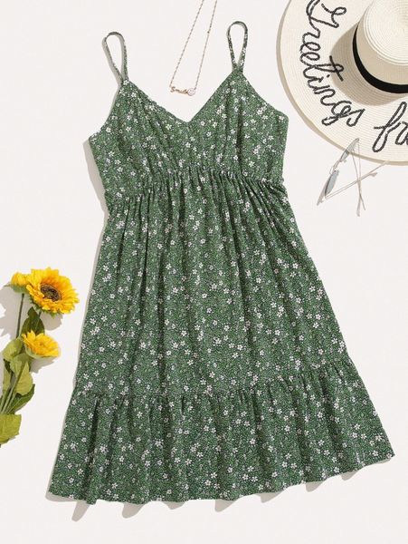 

plus ditsy floral ruffle hem cami dress w8ft#, Black