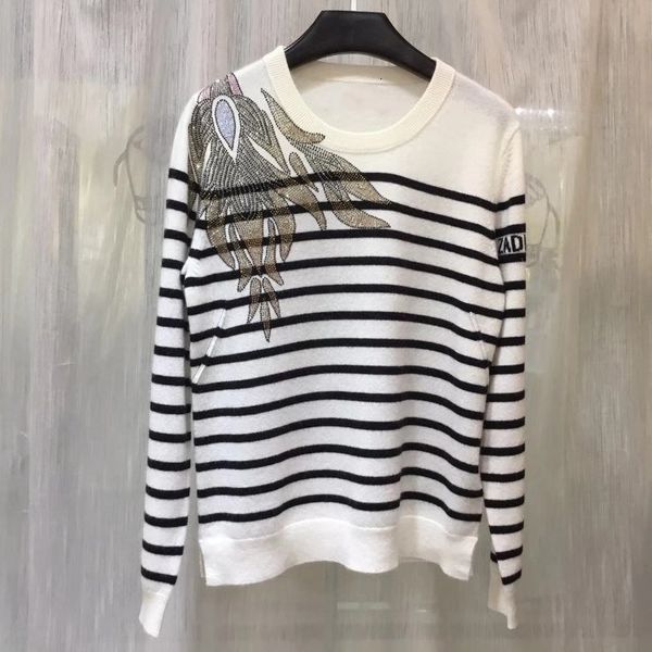 

sweaters striped 100% cashmere sweater women rhinestone o-neck loose casual jumper, White;black