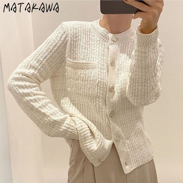 

matakawa slim knitted cardigan outer coat women autumn and winter korean round neck women's sweater contrast color sweaters 210513, White;black