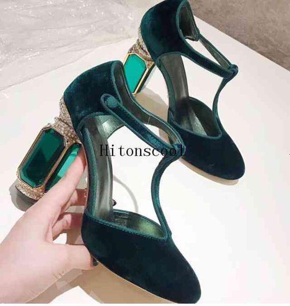 

genuine leather black velvet crystal beading jewel heel women pumps round toe t-strap shoes1