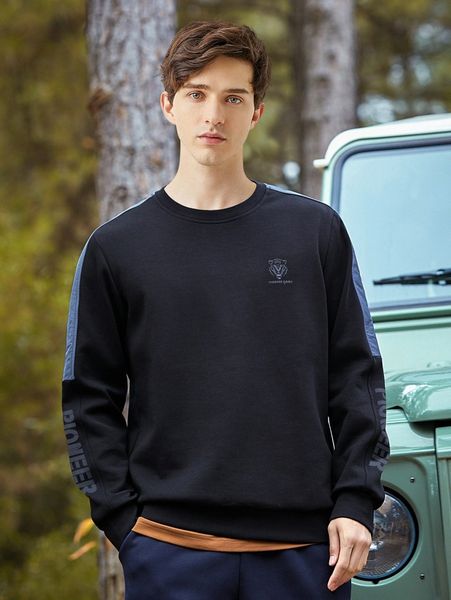 

men tiger and letter embroidered contrast sideseam pullover 84fj#, Black