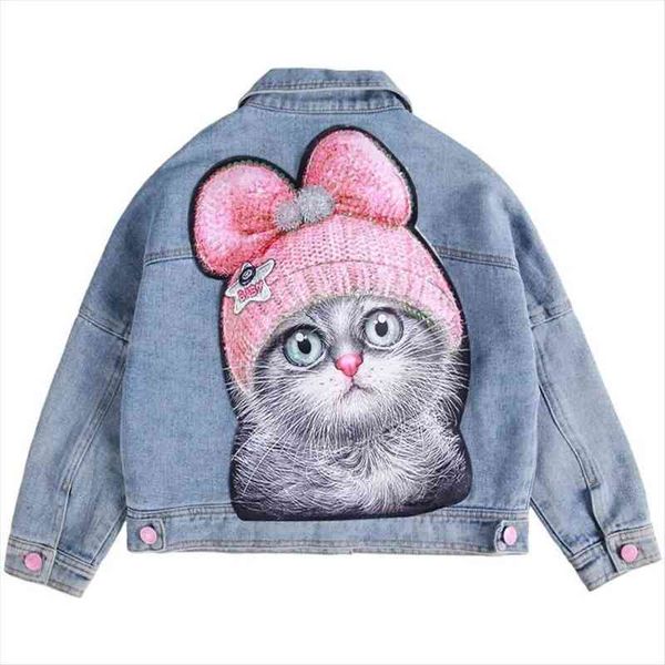 

spring autumn girls denim jacket childrens student fashion baby casual cartoon coat for girl 4 6 8y, Blue;gray