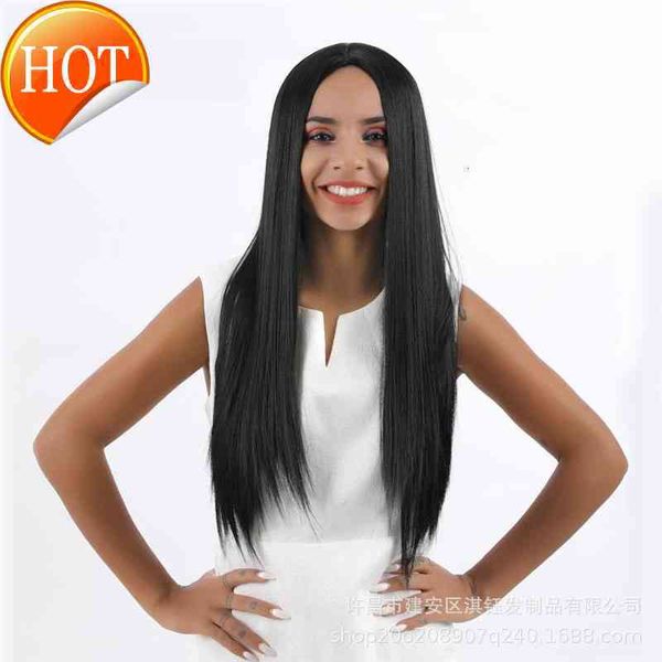 

wig middle part black long straight hair chemical fiber wig full head set rose net