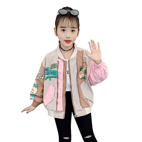 

spring korean jacket kids children double zipper coats autumn teenage school girls long sleeve letter sportwear with pocket 210622, Blue;gray