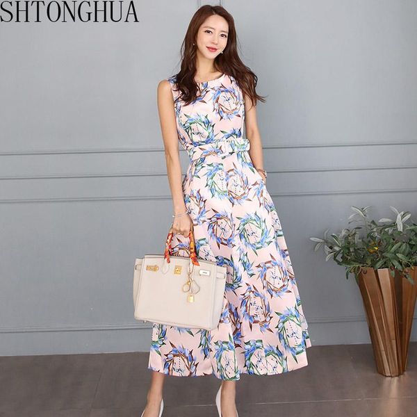 

arrival 2021 summer dress o-neck sleeveless slim flowers print fashion belt long office work casual dresse dresses, Black;gray
