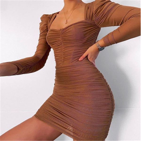 

womens mesh double wrap chest dresses fashion trend long sleeve short skirts designer female spring casual high waist folds dress, Black;gray