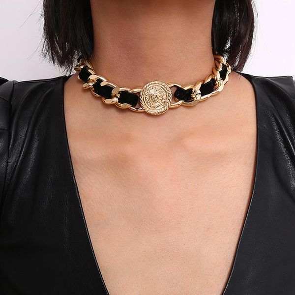 

chains exaggerated hip hop twist chain necklace women collares rock velvet coined chunky choker steampunk men jewelry, Silver