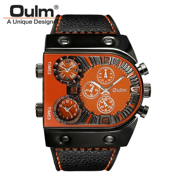 

wristwatches 2021 fashion designer brand oulm original 3 time zone leather large dial sports style watches men montre homme de marque grosse, Slivery;brown