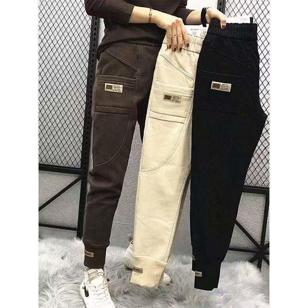 

women's pants & capris women'sthe winter plush, loose and thin, tied feet, casual thickened nine point harlan pants,autumn fashion, Black;white