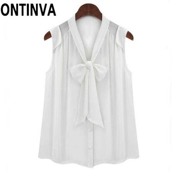 Ausverkauf Weiße Chiffion ärmellose Bluse mit vorderer Fliege Plus Size Lockeres Design Sommer V-Ausschnitt Preppy Style Shirts Blusa Tops 210527
