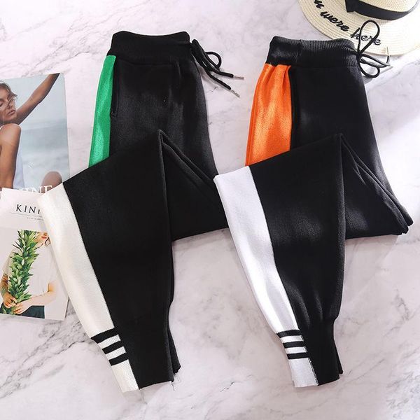 

women's pants & capris autumn/winter style korean fashion loose color matching high waist knitted harem trousers casual women, Black;white