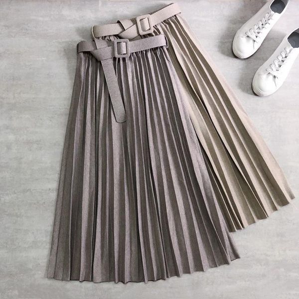 

winter pleated belt heavy woolen womens skirts thick herringbone midi sashes office lady high waist a line long, Black