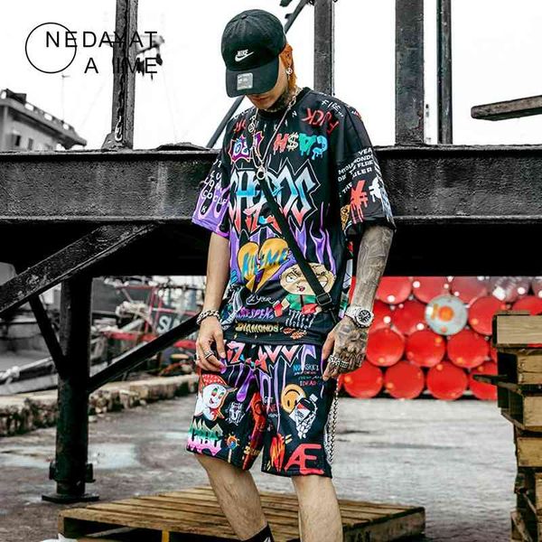 

men graffiti cartoon printed sets hip hop shorts + t-shirt suits fashion high street tees summer streetwear joggers short pants, White;black