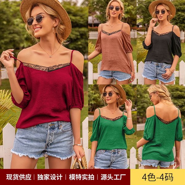 

v-neck lace off shoulder women's suspender t-shirt summer short sleeve vest casual loose t-shirt, White