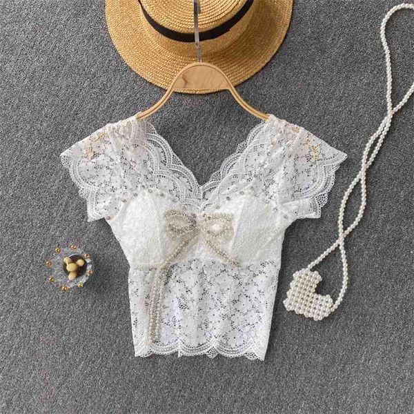 

lace women's summer fashion v neck short sleeve diamond nail bead bow shirt blouse s783 210527, White