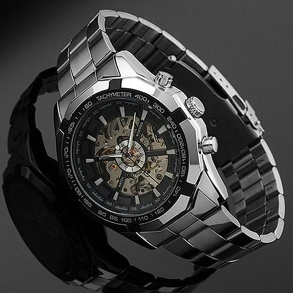 

wristwatches men's stainless mechanical watch steel hand-winding skeleton automatic and sport wrist horloges mannen, Slivery;brown