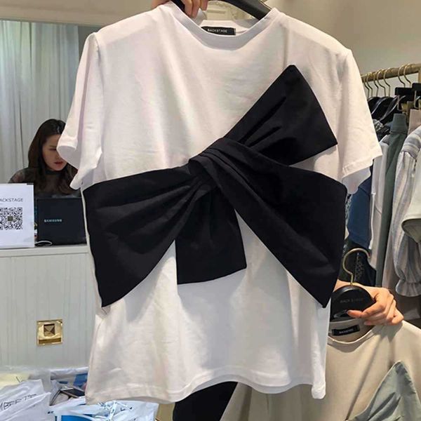 Estate 2021 New Bow-Knot Colore a contrasto T-shirt da donna Dolce O Collo Manica corta da donna T-shirt Moda donna in cotone coreano Top Y0621