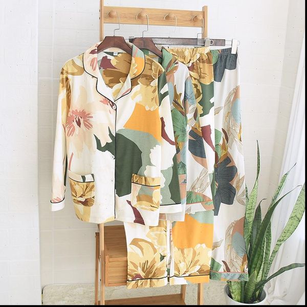 

leaf printed pajamas set women sleepwear spring summer cotton long sleeve nighties female homewear plus size casual two pieces, Black;red