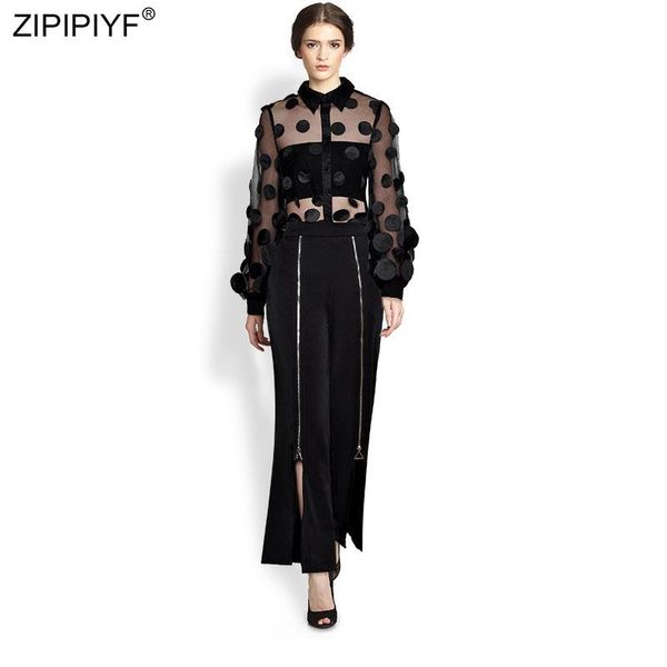 

women's two piece pants 2021 summer runway fashion women see through long sleeve dot decorated blouse high waist black srtee zipper sli, White