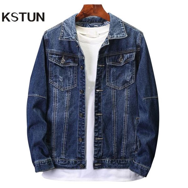 

men's jackets kstun denim men coat dark blue casual teens jacket loose fit turn-down collar bomber long sleeves, Black;brown