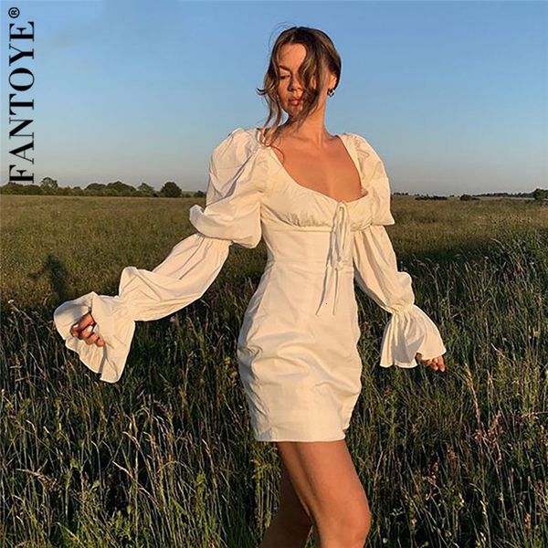 

casual dresses fantoye flare long sleeve square collar dress women summer elegant bandage bodycon mini streetwear slim vestido j32j, Black;gray
