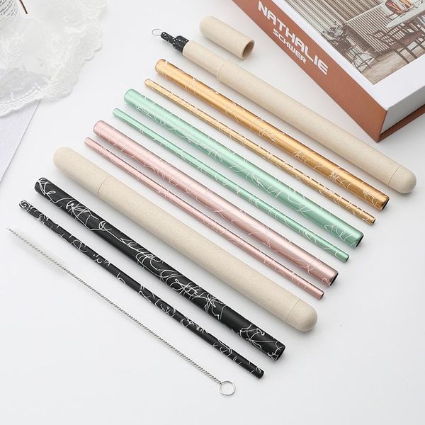 

drinking straws metal straw with case set fashion pattern reusable stainless steel tea boba environmentally friendly bar accessories