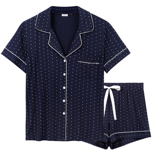 

lz summer modal housewear women's lapel short sleeve two suit pajamas, Black;red