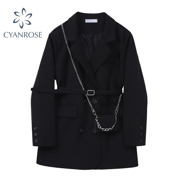 

women's black blazer coat with high waist bandage bag korean streetwear loose jacket gothic vintage double breasted outer 210417, Black;brown