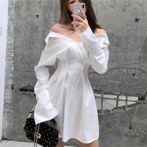 Frühling Sommer Koreanische Casual Mini Kleider Mode Frauen Cothes Langarm-shirt Kleid Temperament Taille Schlank Roben 210514