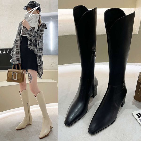 

autumn and winter pointed no more than knee boots women's thick heel thin wtern cowboy boots middle high barrel knight, Black