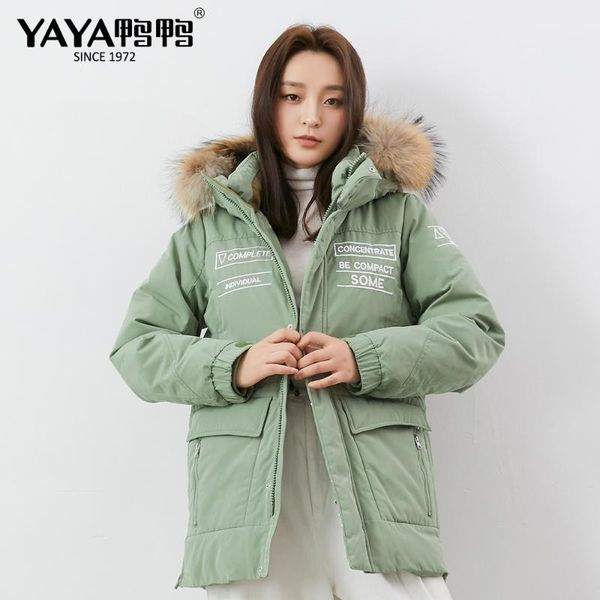 

women's winter duck down jacket medium long real raccoon fur collar hooded loose coat thick windproof warm outerwear & parkas, Black