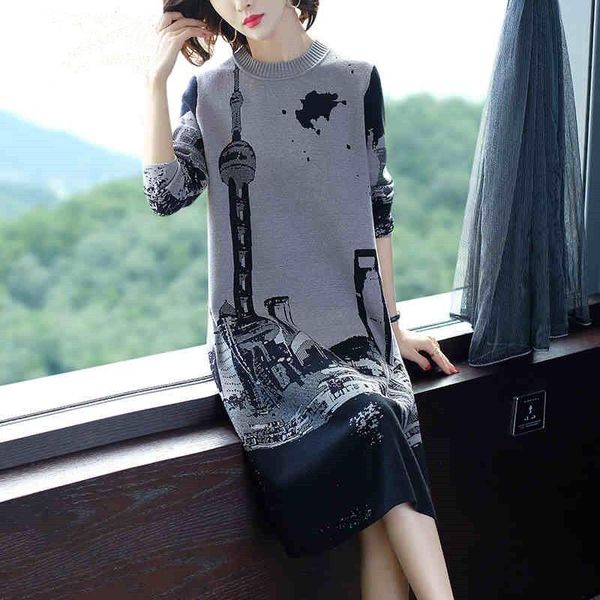 

casual dresses 2021 elegant women autumn winter long sleeve sweater dress ladies pullover women's printed midi knitted z725, Black;gray