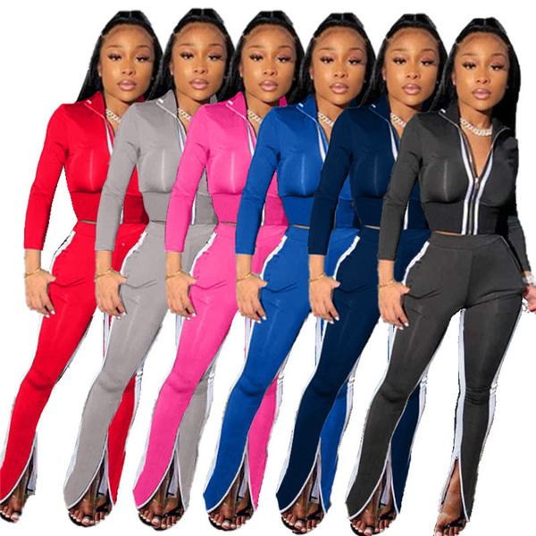 

women's tracksuits designer two piece set v neck crop pants zipper opening split suit autumn tracksuit clothing female ekvh, Gray