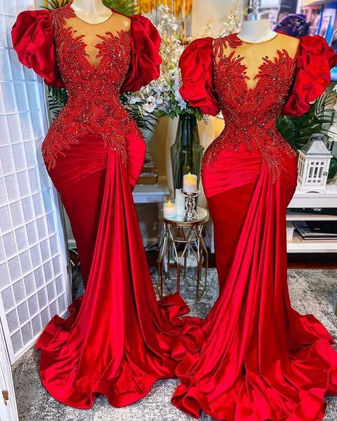 2022 Plus Size Arabo Aso Ebi Lussuoso Pizzo Cristalli Abiti da ballo Sheer Neck Sirena Serata formale Festa Secondo ricevimento Abiti di compleanno Abito ZJ366