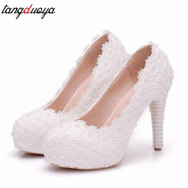 

dress shoes women platform high heels flower white lace wedding pumps big size bridal female heel, Black