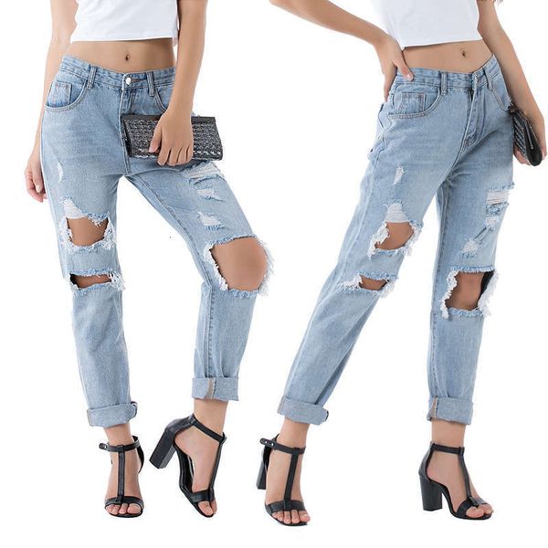 

women's jeans baggy oversized street hole denim straddle pants csv3, Blue
