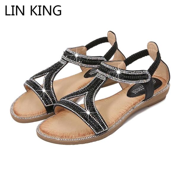 

designer women bohemia summer sandals fashion rhinestone woman comfortable hollow out outdoor sandalias, Black