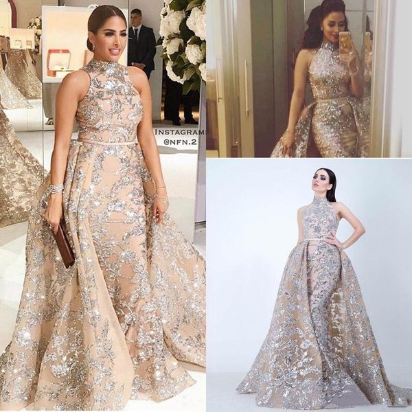 Yousef Aljasmi Dubai luz champanhe formal vestidos de noite com skit destacável Sparkly lantejoulas longas vestidos de ocasião especial elegante mulheres vestido de baile 2022