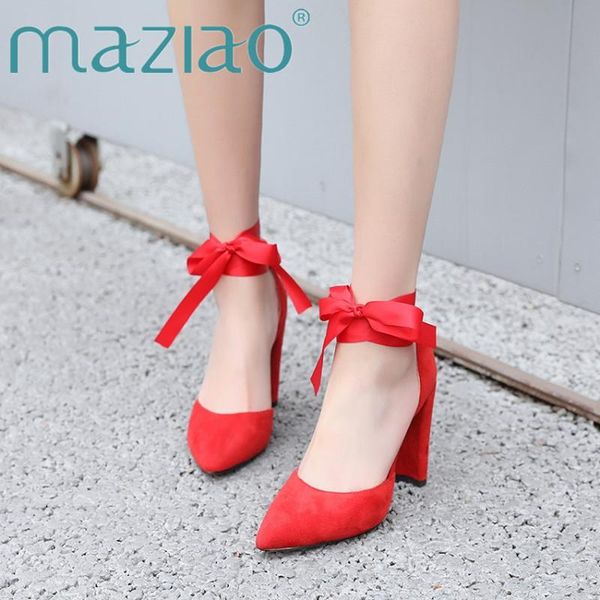 

dress shoes maziao women high heels ribbon thick heel wedding pointed toe ankle strap pumps ladies red plus size 34-46, Black