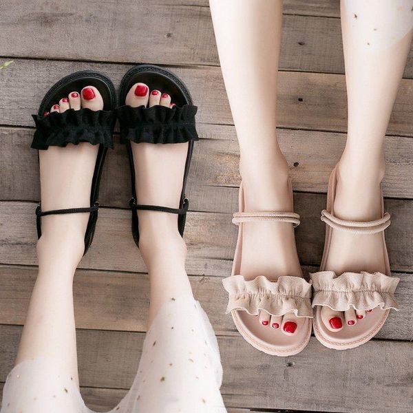 

slippers women summer slides shoes lady fashion pantofle platform low girl luxury 2021 rubber scandals fabric sewing floral hoof, Black