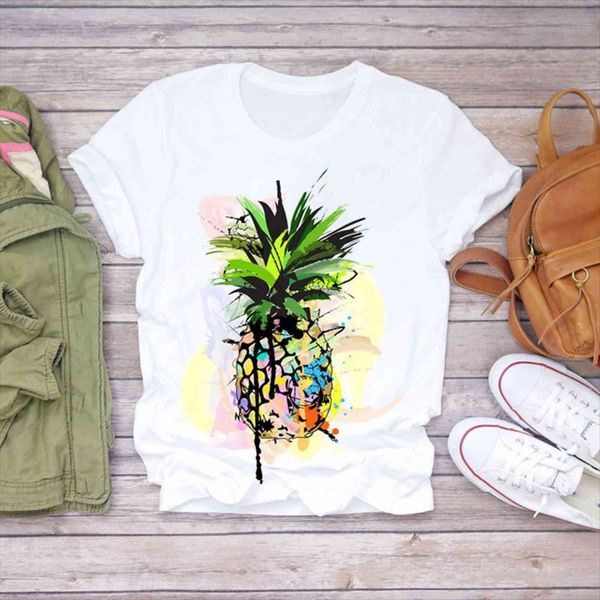 

summer pineapple watercolor painting women t shirt 90s fruit camisas graphic female tee, White